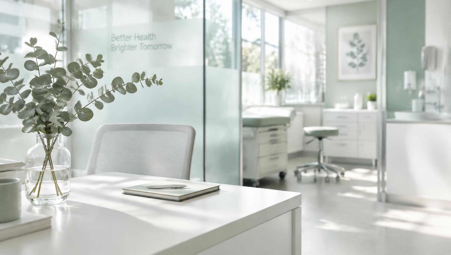 Sunlit clinical workspace with translucent glass and eucalyptus